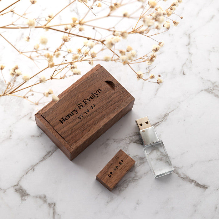 Custom engraved USB and box set in walnut wood finish