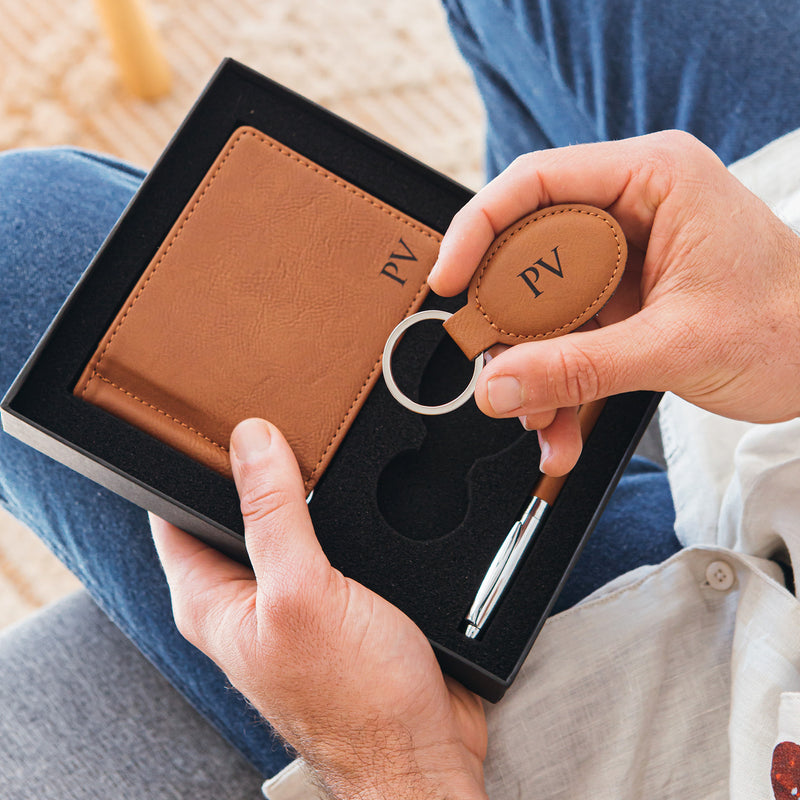 Personalised tan leatherette gift set for Father’s Day
