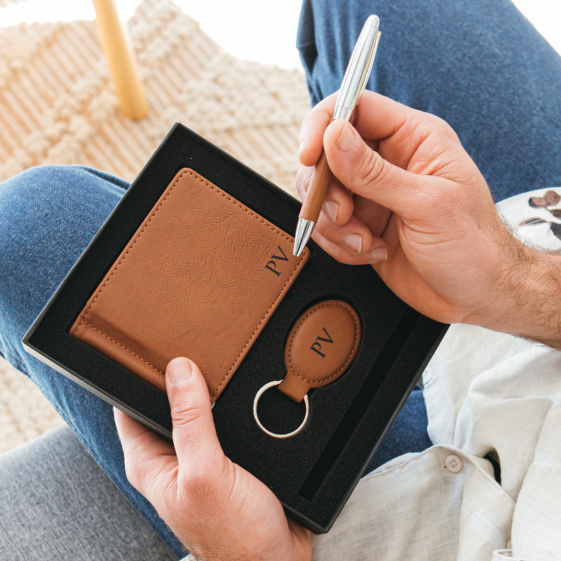 Engraved wallet, keyring and pen gift set for Dad