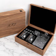 Personalised Father’s Day whiskey decanter set with engraved walnut gift box, two glasses and whiskey stones