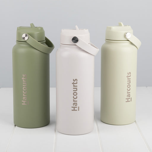 Corporate water bottle gift engraved with company logo in olive, ivory or lime