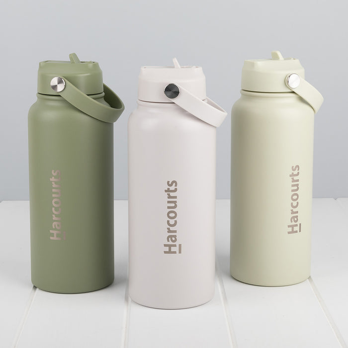 Corporate water bottle gift engraved with company logo in olive, ivory or lime
