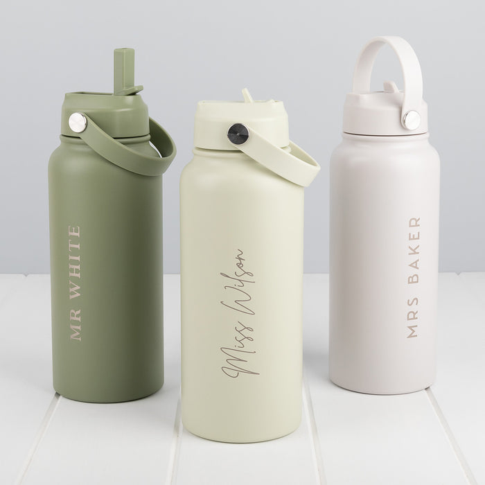 Teacher Christmas gift water bottle in olive ivory or lime with carry handle