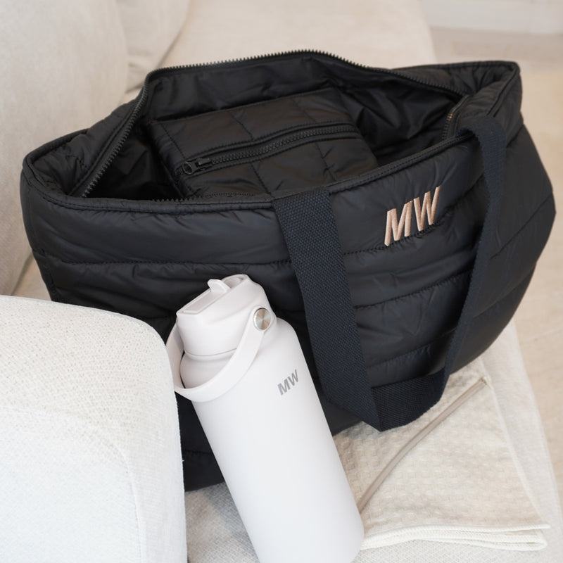 Fitness gift set with towel water bottle and personalised tote