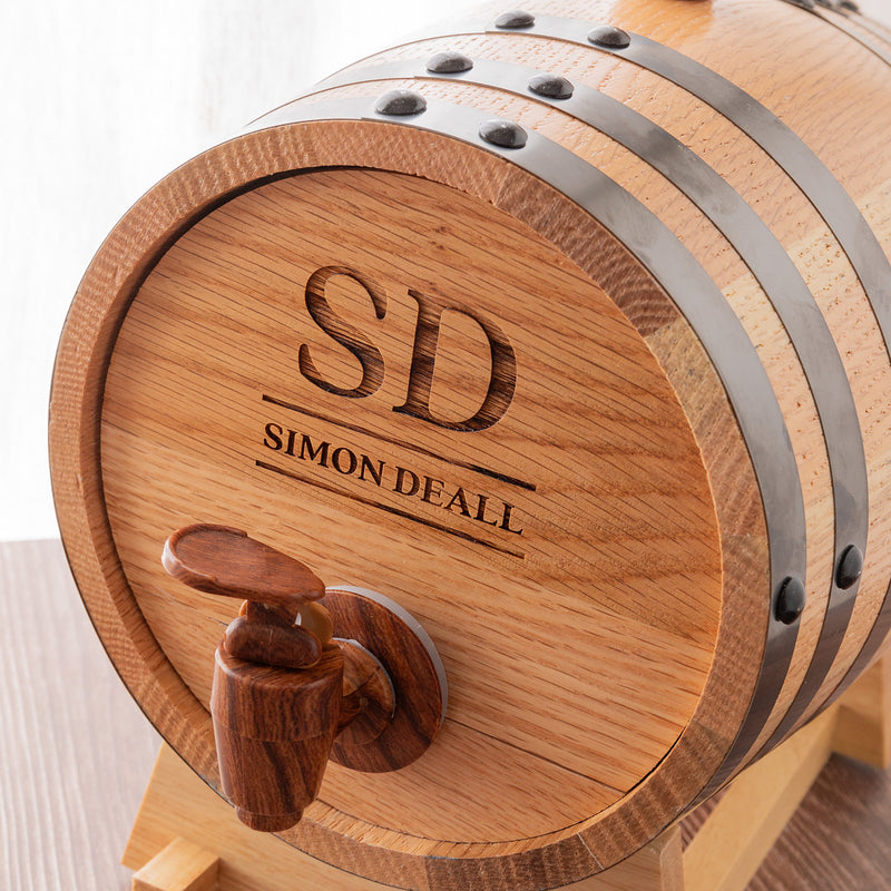 Custom engraved oak barrel with tap and stand for whiskey, port or wine