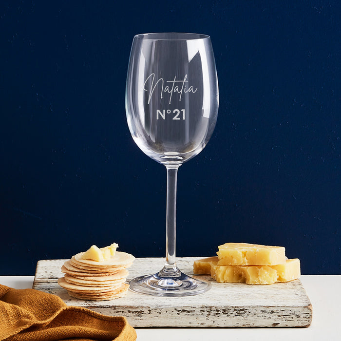 Engraved 360ml wine glass, a unique 21st birthday gift for wine lovers