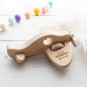 Personalised wooden aeroplane toy engraved with child’s name in premium beech wood
