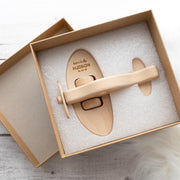 Wooden aeroplane keepsake for newborn or first birthday beautifully presented with premium kraft gift box 