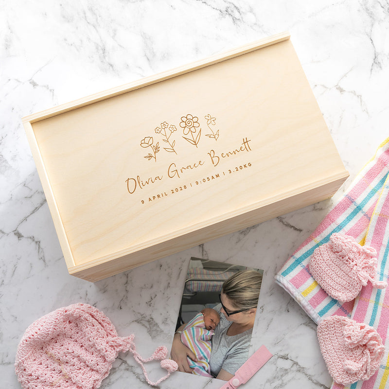 Custom engraved baby memory box for storing hospital wristband, first outfit and milestone photos