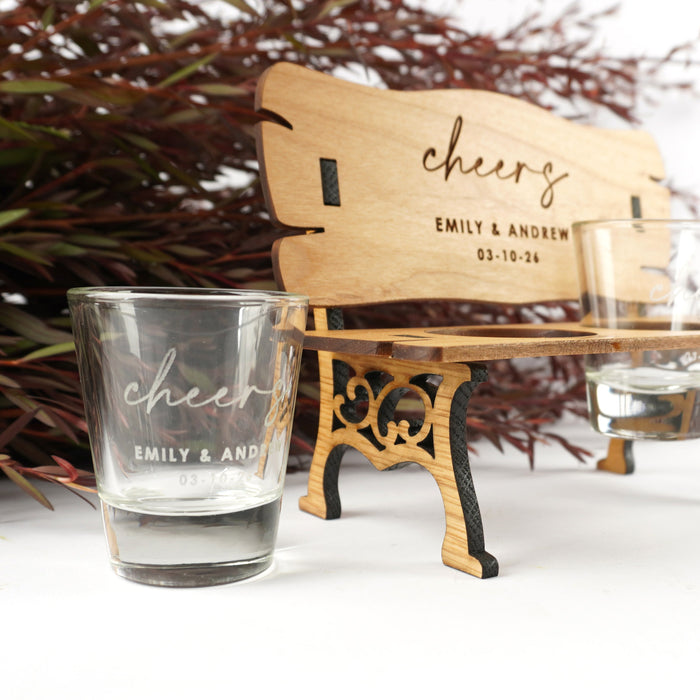 Custom wooden bench chair with personalised shot glasses – fun and sentimental gift