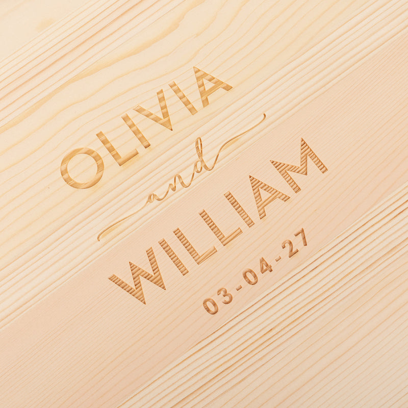 Elegant personalised decanter set for weddings, featuring names and date engraved on glassware and gift box