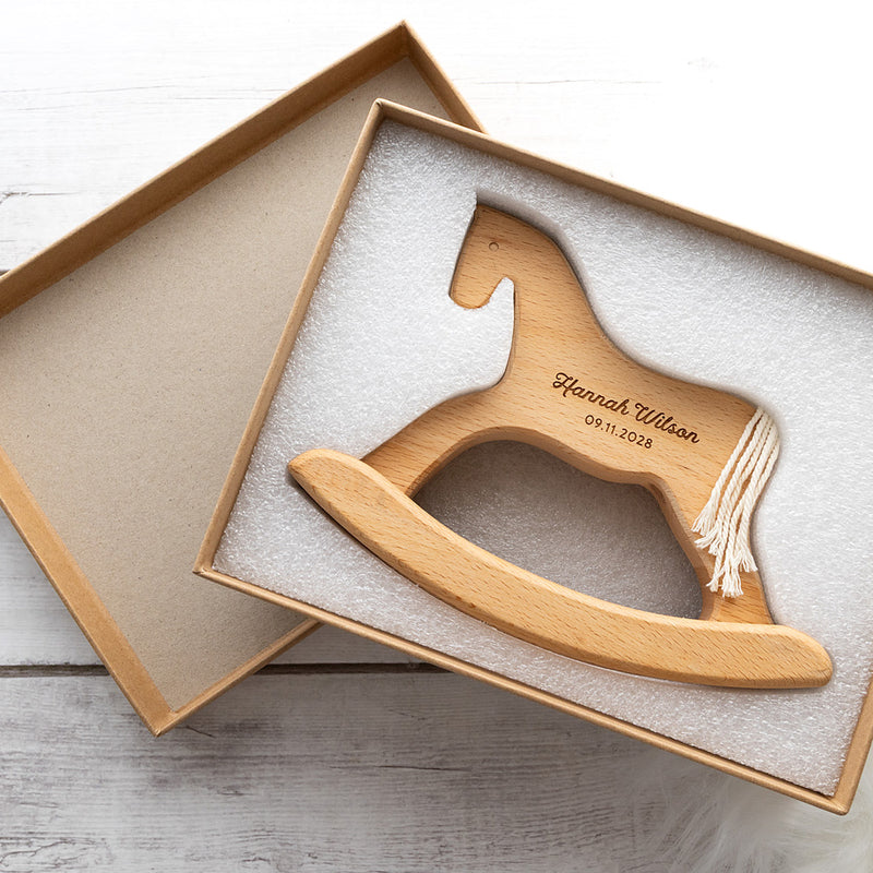 Personalised rocking horse gift presented in a premium kraft gift box