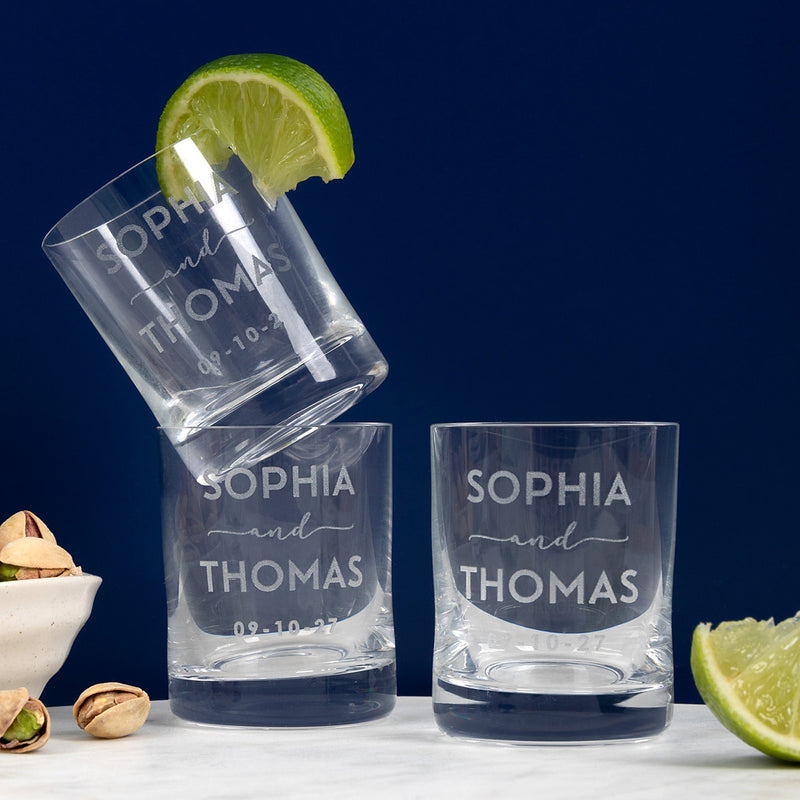 Custom double shot glass wedding favour with elegant engraving