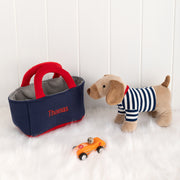 Custom Embroidered Kid's Name Puppy Down and Blue Bag
