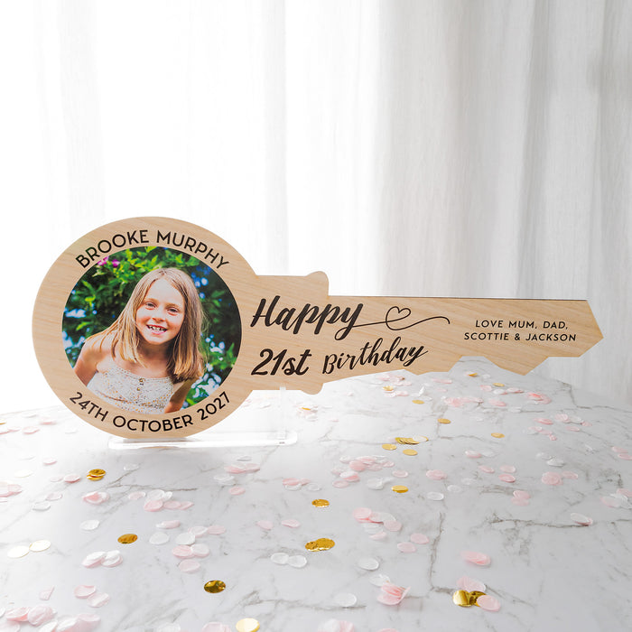 Personalised printed bamboo birthday key with photo, name and message