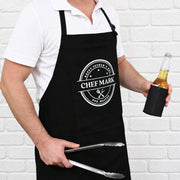 Personalised BBQ King apron made from heavyweight black cotton with adjustable neck strap and custom printed name.