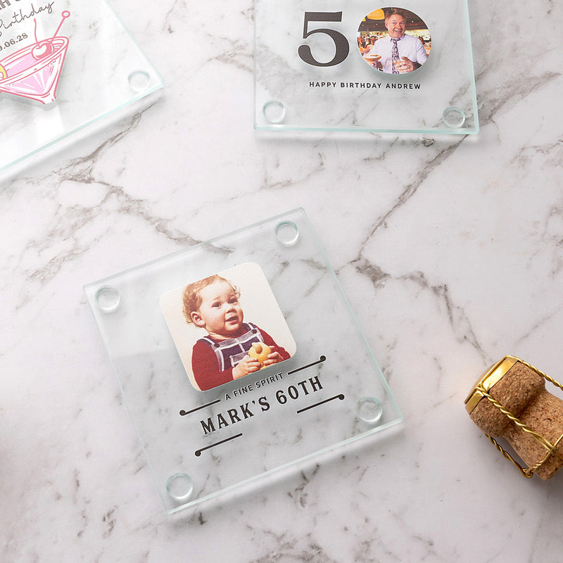Custom printed glass birthday coaster featuring a personalised design, perfect for 18th, 21st, 30th, 40th and milestone birthdays.