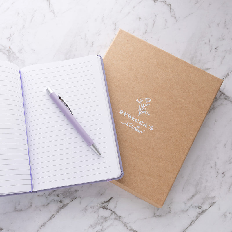 Purple personalised notebook and pen set in printed kraft gift box for teacher, graduation and birthday gifts