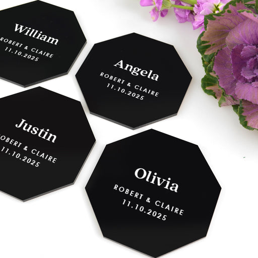 Printed Personalised black octagon wedding placecards