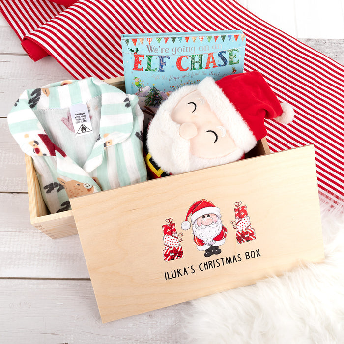 Custom Christmas keepsake box with child’s name, perfect for pyjamas, books and Santa surprises.