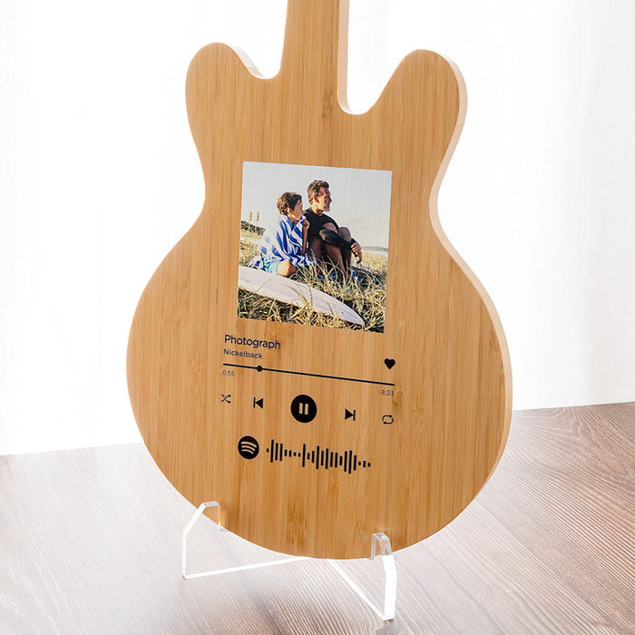 Custom printed guitar-shaped serving board 49cm high with music design
