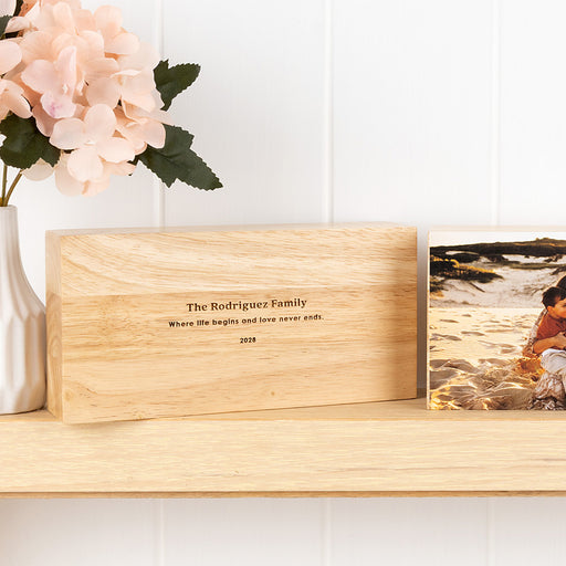 50mm thick wooden photo block with engraved message on back