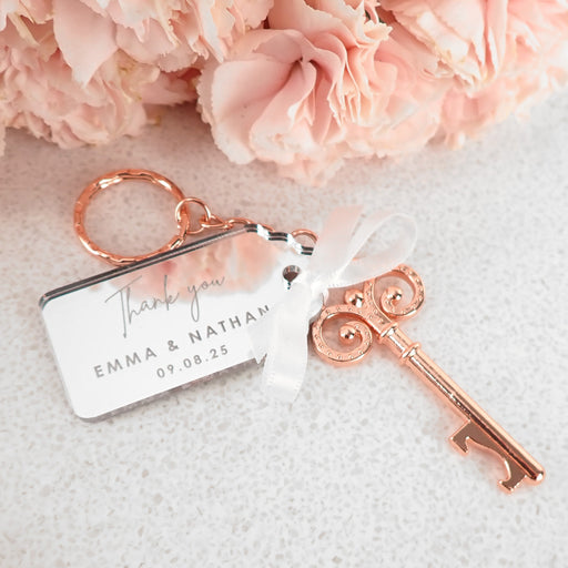 Rose Gold Key Keyring with Engraved Wedding Acrylic Gift Tag
