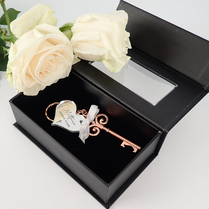 Rose Gold Key Keyring with Engraved Christening Heart Gift Tag and Black Gift Box