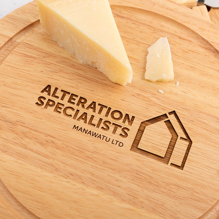 Personalised cheese board featuring company logo, styled with gourmet deli items