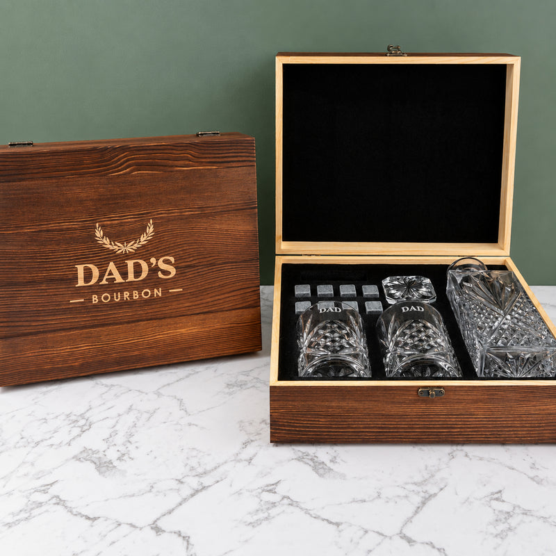 Engraved whiskey decanter gift set personalised for Dad or Grandpa with whiskey glasses, chilling stones and custom wooden presentation box.