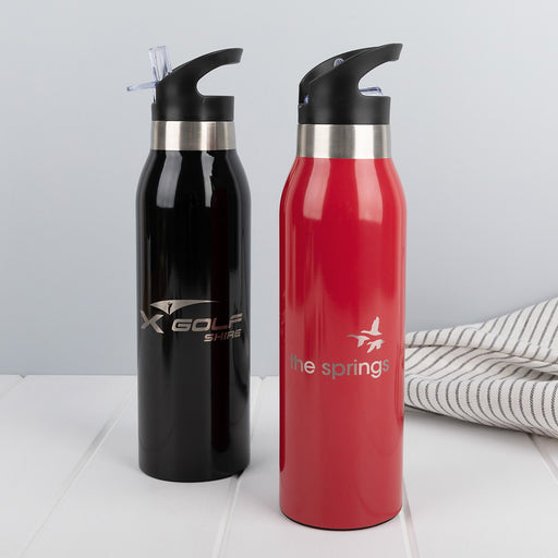 Shiny finish engraved sports drink bottle in black or red – ideal corporate gift.