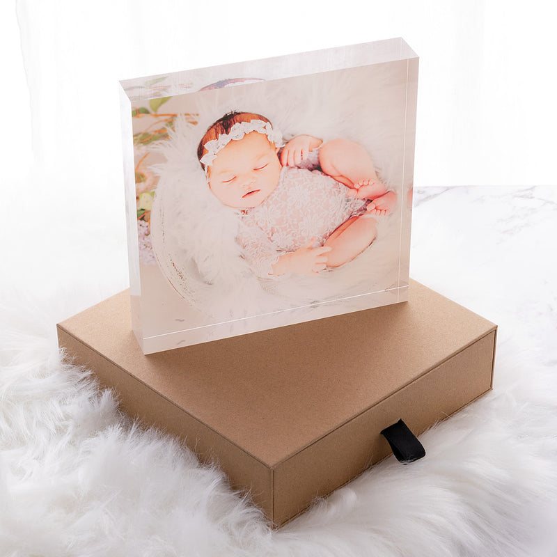 25mm thick clear acrylic photo print block freestanding display