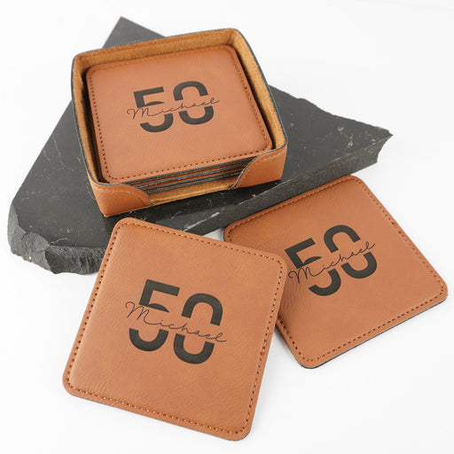 Personalised Engraved Milestone 40th Birthday Brown Leatherette Coaster set of 6 Present