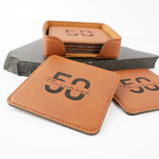 Custom Designed Engraved 40th Milestone Birthday Brown Leather 6 Coaster Gift Set