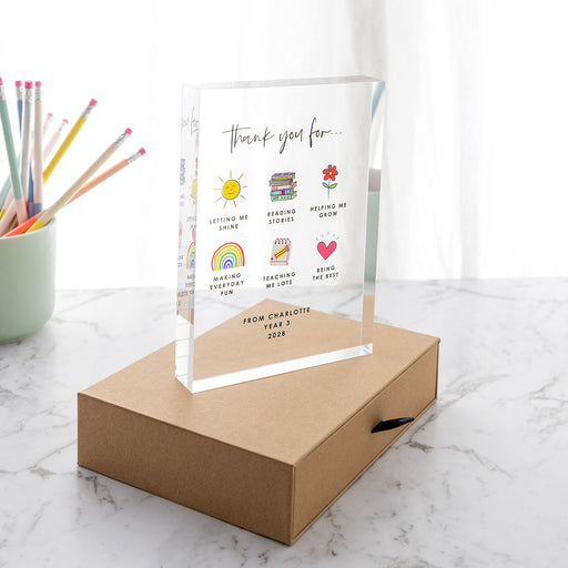 Personalised acrylic teacher plaque with name and thank you message.