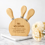 Personalised wooden cheese knife set engraved as a thoughtful teacher thank you gift.
