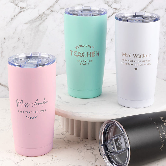 Personalised teacher travel mug engraved with name – end of year appreciation gift.