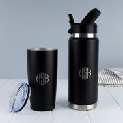 Custom engraved black water bottle and tumbler gift set with personalised front or front and back engraving.
