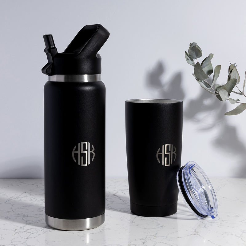 Personalised black insulated drinkware bundle including a 780ml water bottle and 590ml travel tumbler, ideal for Father's Day, birthdays and Christmas.