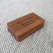Personalised walnut wedding ring box engraved with names and wedding date