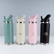 Engraved stainless steel water bottle available in Sage, Stone, Pink and Black with custom silver engraving.