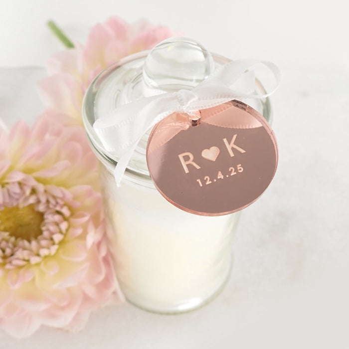 Customised Engraved Round Rose Gold Acrylic Gift Tag With Glass Candle Wedding Favour