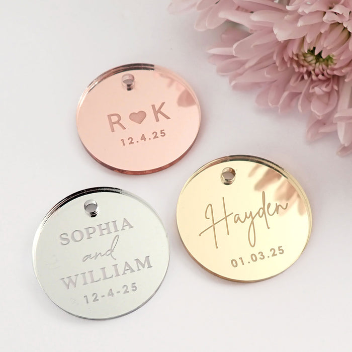 Customised Engraved Round Rose Gold, Gold Silver and Acrylic Wedding Favour Gift Tags