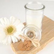 Jasmine scented palm wax wedding candle with personalised wooden gift tag