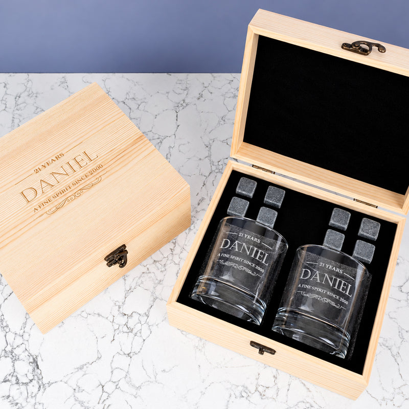 Personalised wooden boxed whiskey glass set with engraved round glasses and whiskey stones for milestone birthdays