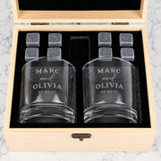 Engraved round whiskey glass gift set in wooden presentation box for wedding, engagement or anniversary