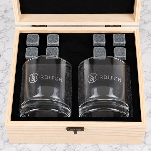 Premium corporate whiskey set with personalised glasses and company logo engraved on a wooden gift box, perfect for clients and colleagues.