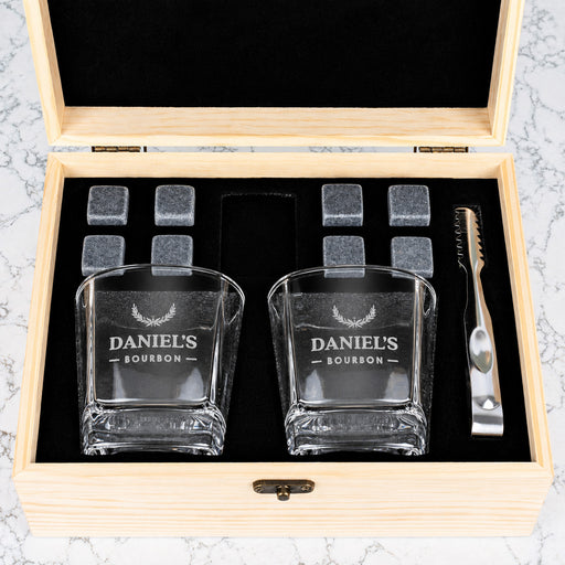 Engraved square whiskey glass gift set with whiskey stones, personalised for milestone birthdays, weddings and special celebrations.