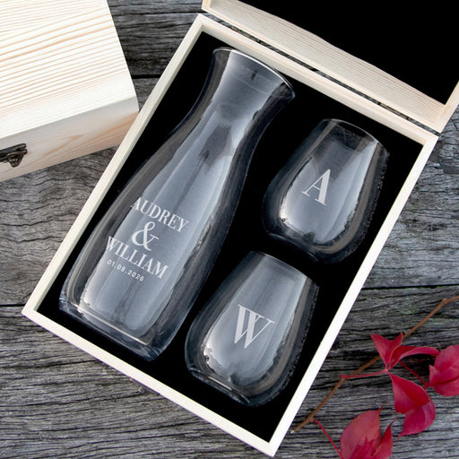Personalised Engraved Wedding Wooden Gift Boxed Wine Decanter Set