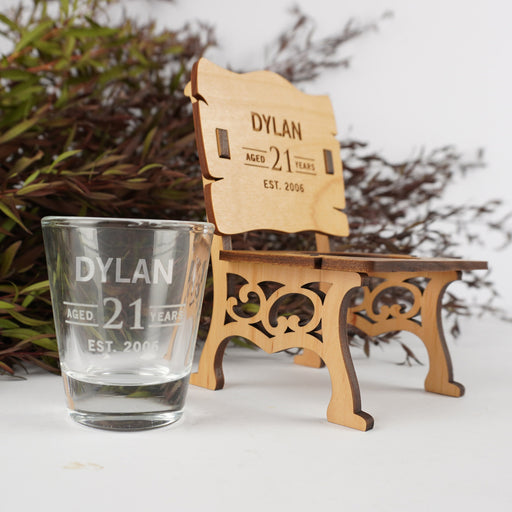 Custom birthday shot glass chair set, a unique keepsake gift for milestone celebrations.